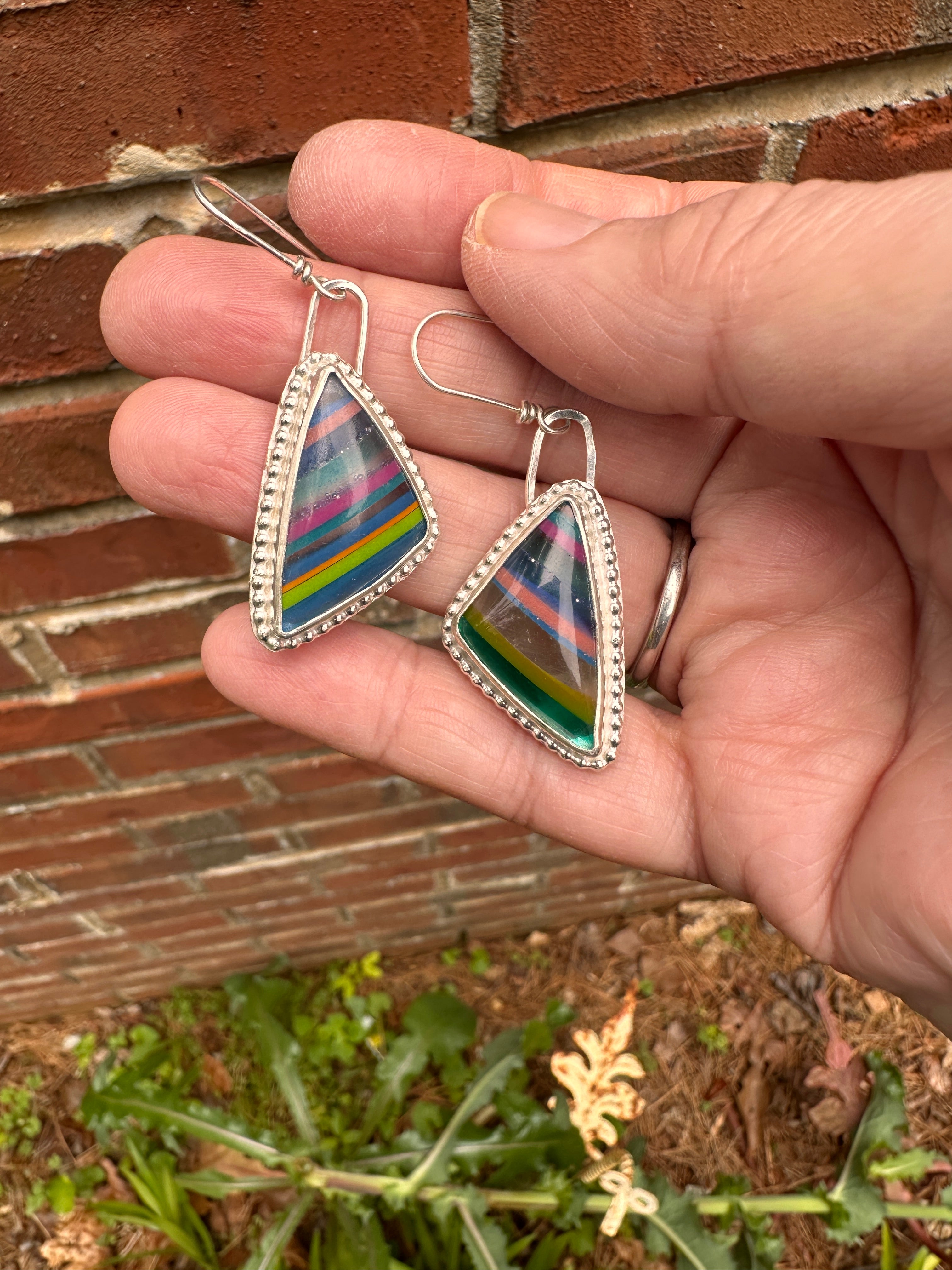 High quality Sterling Silver Surfite Surfboard Resin Triangular Dangly Earrings with Organic Handcast Studs in Gift Box